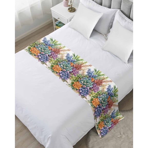 Bed Runner Scarf King Size, Summer Botanical Succulents Stain Bed Runners & Scarves for Foot of Beds, Watercolor Spring Floral Botanical Decorative Bedding Runner Scarf for Hotel Home Bedroom