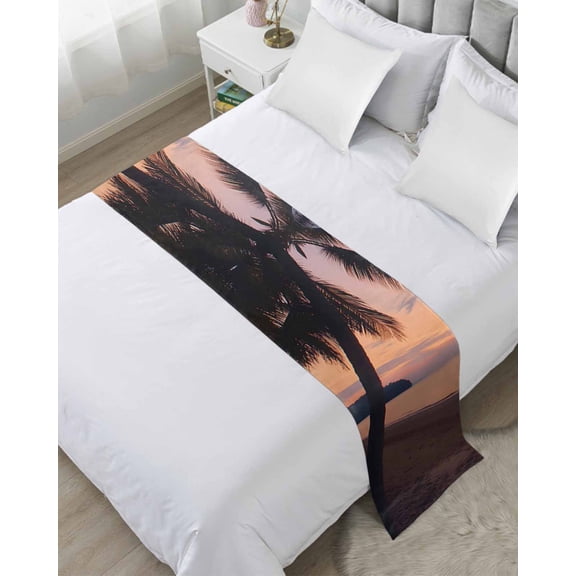 Bed Runner Scarf King Size, Sunset Summer Stain Bed Runners & Scarves for Foot of Beds, Seasides Palm Tree Leaves Scene Decorative Bedding Runner Scarf for Hotel Home Bedroom