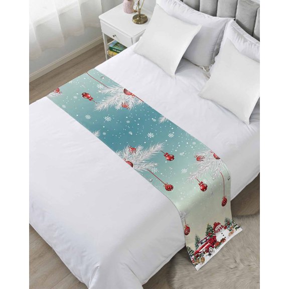 Bed Runner Scarf King Size, Teal Christmas Stain Bed Runners & Scarves for Foot of Beds, Xmas Snowman Truck Tree Balls Decorative Bedding Runner Scarf for Hotel Home Bedroom