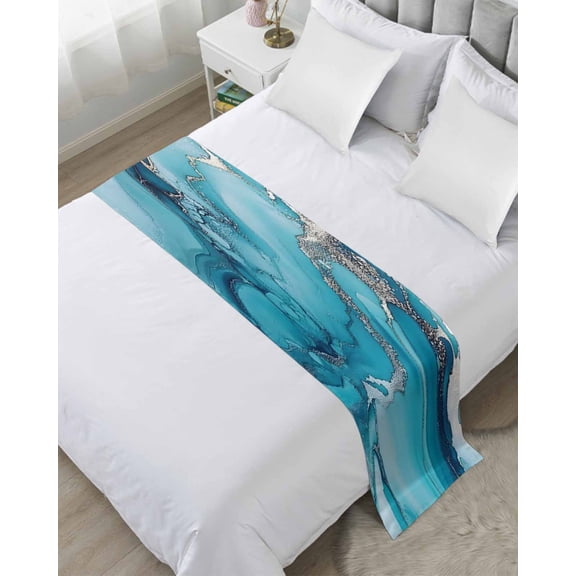 Bed Runner Scarf King Size, Turquoise Modern Stain Bed Runners & Scarves for Foot of Beds, Teal Grey Marble Textured Decorative Bedding Runner Scarf for Hotel Home Bedroom