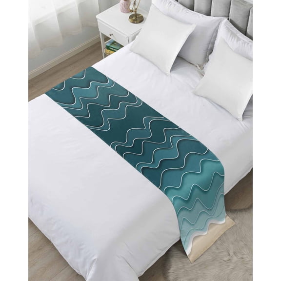 Bed Runner Scarf King Size, Turquoise Waves Stain Bed Runners & Scarves for Foot of Beds, Simple Ombre Abstract Sea Waves Art Decorative Bedding Runner Scarf for Hotel Home Bedroom