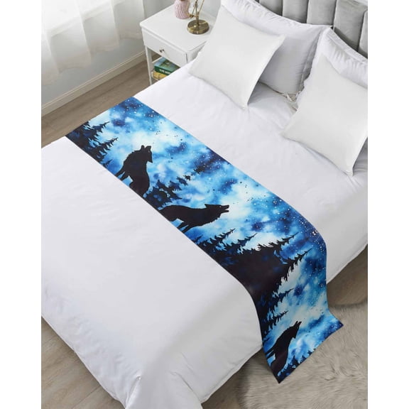 Bed Runner Scarf King Size, Wolf Black Silhouette Stain Bed Runners & Scarves for Foot of Beds, Forest Starry Night Decorative Bedding Runner Scarf for Hotel Home Bedroom