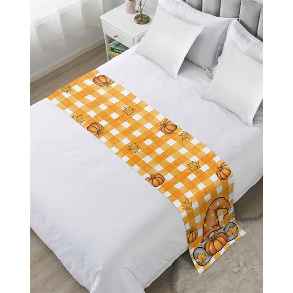 Bed Runner Scarf King Size, Yellow Orange Gnomes Fall Stain Bed Runners & Scarves for Foot of Beds, Thanksgiving Pumpkins Plaid Leaves Decorative Bedding Runner Scarf for Hotel Home Bedroom
