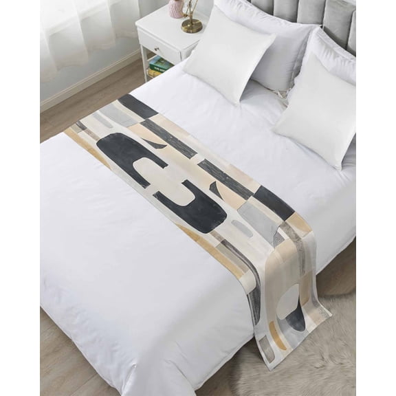 Bed Runner Scarf Queen Size, Abstract Boho Stain Bed Runners & Scarves for Foot of Beds, Modern Grey Brown Geometric Art Decorative Bedding Runner Scarf for Hotel Home Bedroom