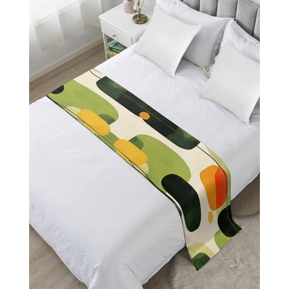 Bed Runner Scarf Queen Size, Abstract Geometric Stain Bed Runners & Scarves for Foot of Beds, Green Vintage Art Aesthetic Decorative Bedding Runner Scarf for Hotel Home Bedroom