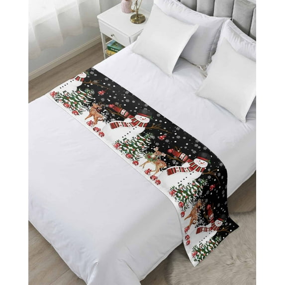Bed Runner Scarf for Queen Size Bed, Black Christmas Beds Scarf Throws for Foot of Bedding, Snowflake Xmas Tree Ball Elk Winter Decorative Beds Runners for Bedroom Guestroom, 83"x20"