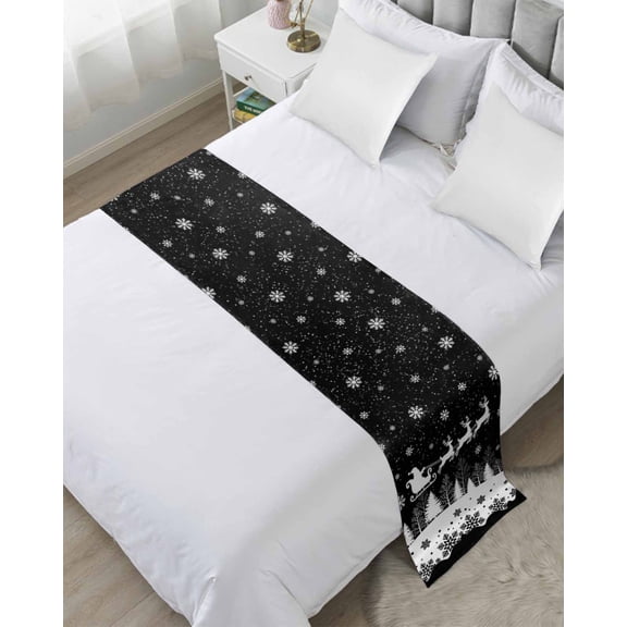 Bed Runner Scarf for Queen Size Bed, Black Christmas Beds Scarf Throws for Foot of Bedding, Xmas Elk Tree Snowflake Forest Decorative Beds Runners for Bedroom Guestroom, 83"x20"