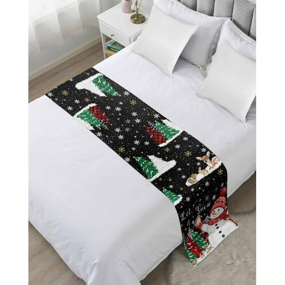 Bed Runner Scarf for Queen Size Bed, Black Snowman Christmas Beds Scarf Throws for Foot of Bedding, Snowflake Xmas Tree Winter Elk Decorative Beds Runners for Bedroom Guestroom, 83"x20"