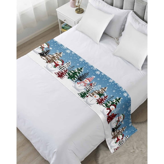 Bed Runner Scarf for Queen Size Bed, Blue Christmas Beds Scarf Throws for Foot of Bedding, Snowman Xmas Tree Winter Snowflake Decorative Beds Runners for Bedroom Guestroom, 83"x20"