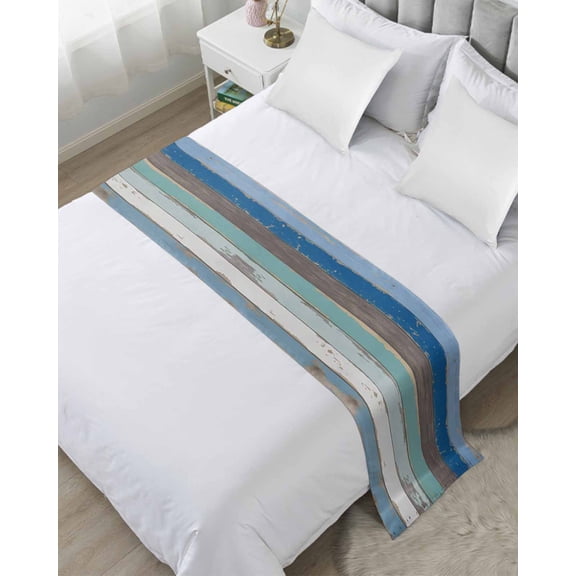 Bed Runner Scarf for Queen Size Bed, Blue Wooden Plank Beds Scarf Throws for Foot of Bedding, Retro Farmhouse Horizontal Stripes Plank Decorative Beds Runners for Bedroom Guestroom, 83"x20"
