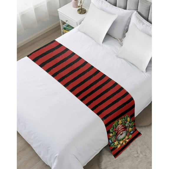 Bed Runner Scarf for Queen Size Bed, Christmas Beds Scarf Throws for Foot of Bedding, Gnomes Pine Branch Star Bell Red Black Striped Decorative Beds Runners for Bedroom Guestroom, 83"x20"