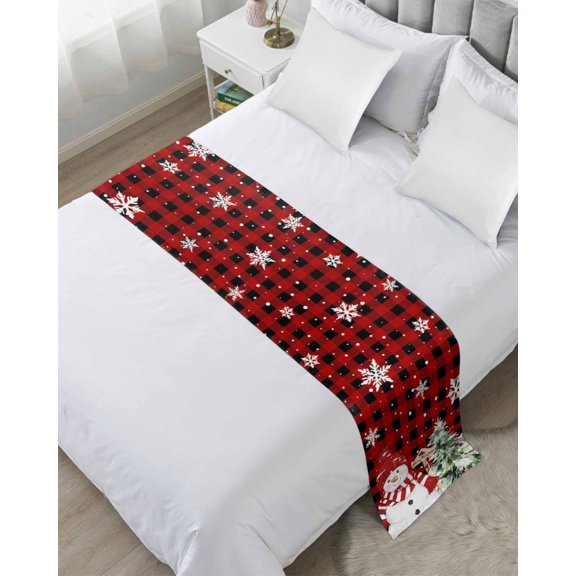 Bed Runner Scarf for Queen Size Bed, Christmas Beds Scarf Throws for Foot of Bedding, Winter Snowman Snow Pine Tree Red Black Plaid Decorative Beds Runners for Bedroom Guestroom, 83"x20"