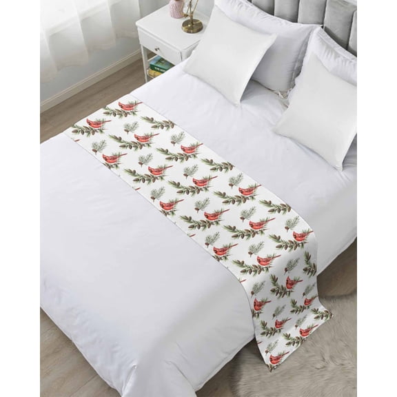 Bed Runner Scarf for Queen Size Bed, Christmas Red Cardinal Birds Beds Scarf Throws for Foot of Bedding, Xmas Pine Branch Cones Rustic Decorative Beds Runners for Bedroom Guestroom, 83"x20"