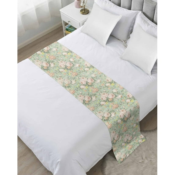 Bed Runner Scarf for Queen Size Bed, Green Flowers Beds Scarf Throws for Foot of Bedding, Farmhouse Botanical Floral Leaves Art Decorative Beds Runners for Bedroom Guestroom, 83"x20"