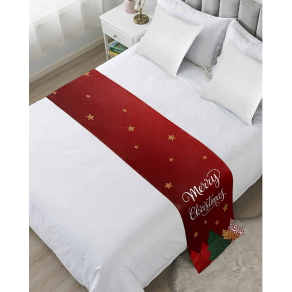 Bed Runner Scarf for Queen Size Bed, Merry Christmas Beds Scarf Throws for Foot of Bedding, Red Green Xmas Tree Stars Red Modern Art Decorative Beds Runners for Bedroom Guestroom, 83"x20"
