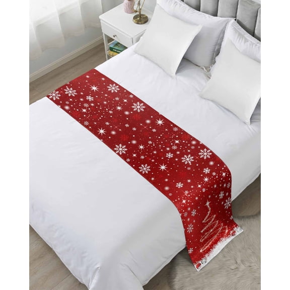 Bed Runner Scarf for Queen Size Bed, Red Christmas Beds Scarf Throws for Foot of Bedding, Snowflake Xmas Tree Ball Winter Modern Abstract Art Decorative Beds Runners for Bedroom Guestroom, 83"x20"