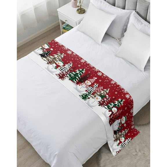 Bed Runner Scarf for Queen Size Bed, Red Christmas Beds Scarf Throws for Foot of Bedding, Snowman Xmas Tree Winter Snowflake Decorative Beds Runners for Bedroom Guestroom, 83"x20"