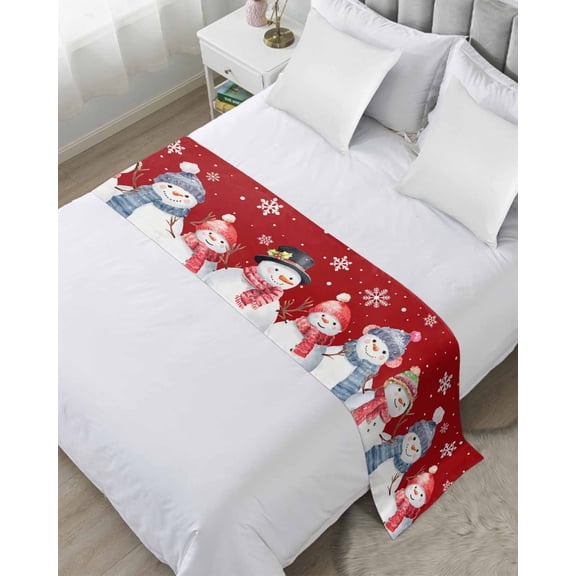 Bed Runner Scarf for Queen Size Bed, Red Christmas Beds Scarf Throws for Foot of Bedding, Xmas Snowman Snowflake Winter Holiday Decorative Beds Runners for Bedroom Guestroom, 83"x20"