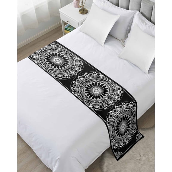 Bed Runner Scarf Queen Size, Black Boho Stain Bed Runners & Scarves for Foot of Beds, Farmhouse Vintage Abstract Ethnic Floral Decorative Bedding Runner Scarf for Hotel Home Bedroom