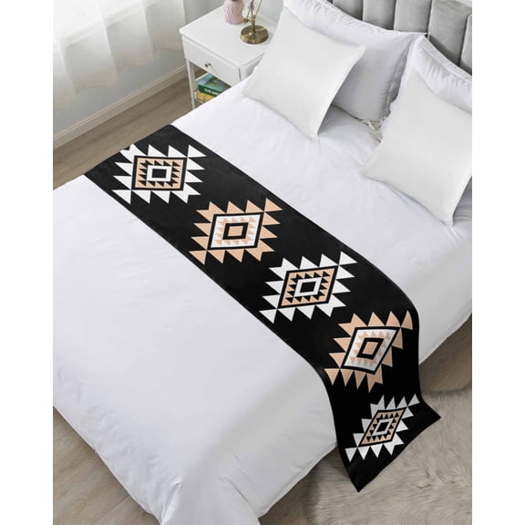 Bed Runner Scarf Queen Size, Black White Beige Boho Stain Bed Runners & Scarves for Foot of Beds, Western Geometric Aesthetic Decorative Bedding Runner Scarf for Hotel Home Bedroom
