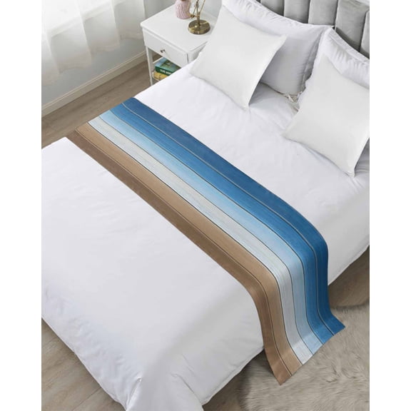 Bed Runner Scarf Queen Size, Blue Brown Stain Bed Runners & Scarves for Foot of Beds, Vintage Farmhouse Gradient Wooden Grain Decorative Bedding Runner Scarf for Hotel Home Bedroom