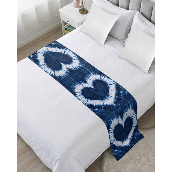 Bed Runner Scarf Queen Size, Blue Love Heart Stain Bed Runners & Scarves for Foot of Beds, Boho Ethnic Modern Funny Tie Dye Art Decorative Bedding Runner Scarf for Hotel Home Bedroom