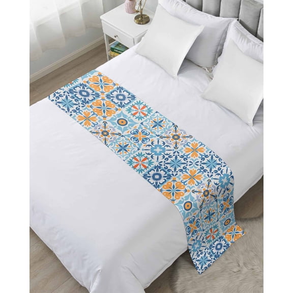 Bed Runner Scarf Queen Size, Blue Mediterranean Stain Bed Runners & Scarves for Foot of Beds, Vintage Moroccan Tiles Texture Decorative Bedding Runner Scarf for Hotel Home Bedroom 83 x20 Inch
