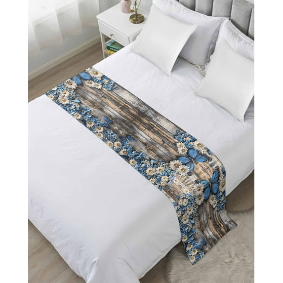 Bed Runner Scarf Queen Size, Blue White Daisy Stain Bed Runners & Scarves for Foot of Beds, Vintage Pastoral Butterfly Rustic Wood Decorative Bedding Runner Scarf for Hotel Home Bedroom