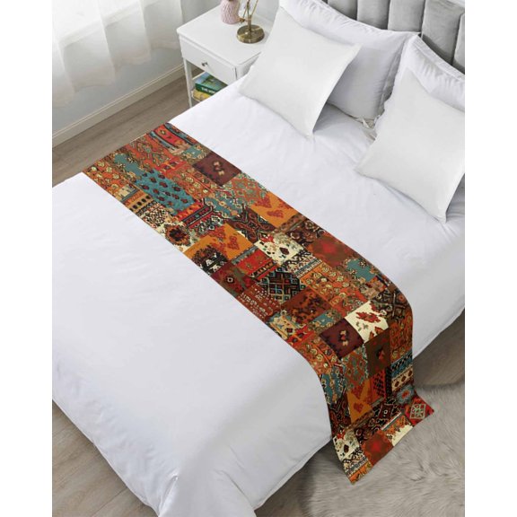 Bed Runner Scarf Queen Size, Boho Vintage Stain Bed Runners & Scarves for Foot of Beds, Brown Ethnic Middle Century Geometric Decorative Bedding Runner Scarf for Hotel Home Bedroom 83 x20 Inch