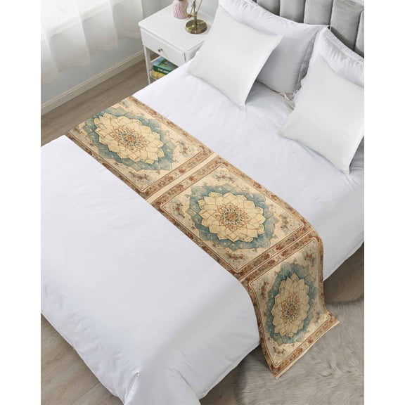 Bed Runner Scarf Queen Size, Brown Teal Floral Stain Bed Runners & Scarves for Foot of Beds, Vintage Botanical Ethnic Boho Decorative Bedding Runner Scarf for Hotel Home Bedroom