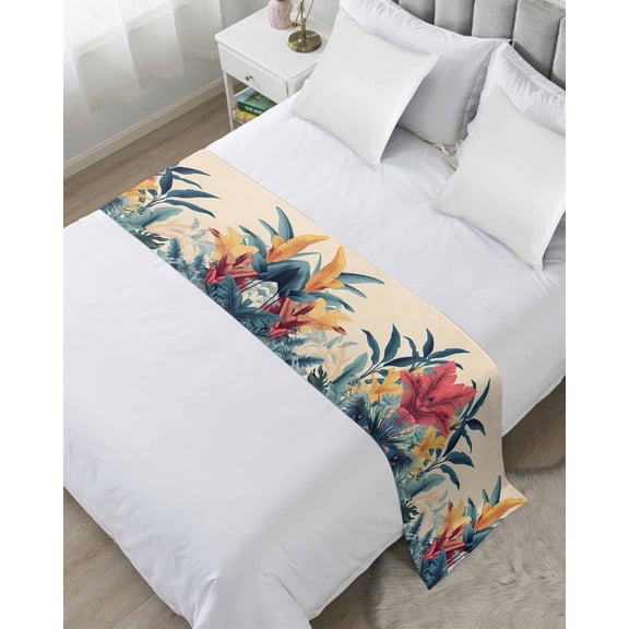 Bed Runner Scarf Queen Size, Colorful Leaves Stain Bed Runners & Scarves for Foot of Beds, Vintage Summer Tropical Plants Floral Decorative Bedding Runner Scarf for Hotel Home Bedroom
