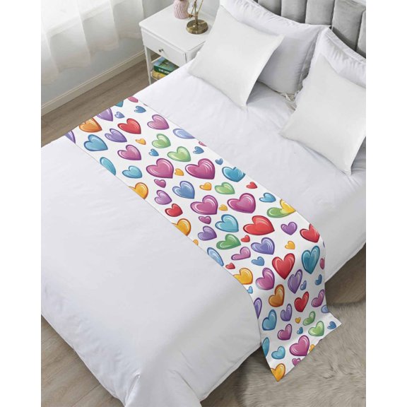 Bed Runner Scarf Queen Size, Colorful Love Heart Stain Bed Runners & Scarves for Foot of Beds, Blue Purple Red Modern Art Decorative Bedding Runner Scarf for Hotel Home Bedroom