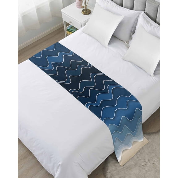Bed Runner Scarf Queen Size, Dark Blue Waves Stain Bed Runners & Scarves for Foot of Beds, Modern Minimalism Ombre Sea Waves Decorative Bedding Runner Scarf for Hotel Home Bedroom