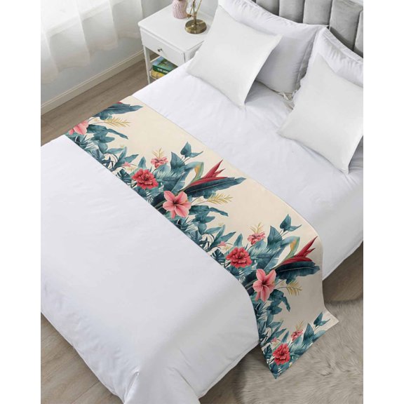 Bed Runner Scarf Queen Size, Flowers Leaves Stain Bed Runners & Scarves for Foot of Beds, Retro Botanical Summer Tropical Plants Decorative Bedding Runner Scarf for Hotel Home Bedroom