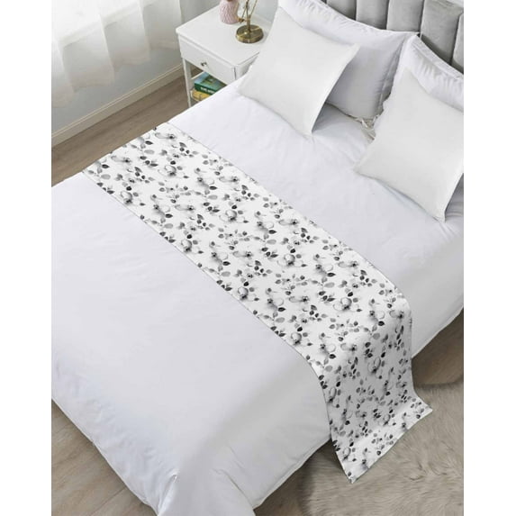 Bed Runner Scarf Queen Size, Gray Botanical Stain Bed Runners & Scarves for Foot of Beds, Retro Blossom Floral Farmhouse Wildflower Decorative Bedding Runner Scarf for Hotel Home Bedroom