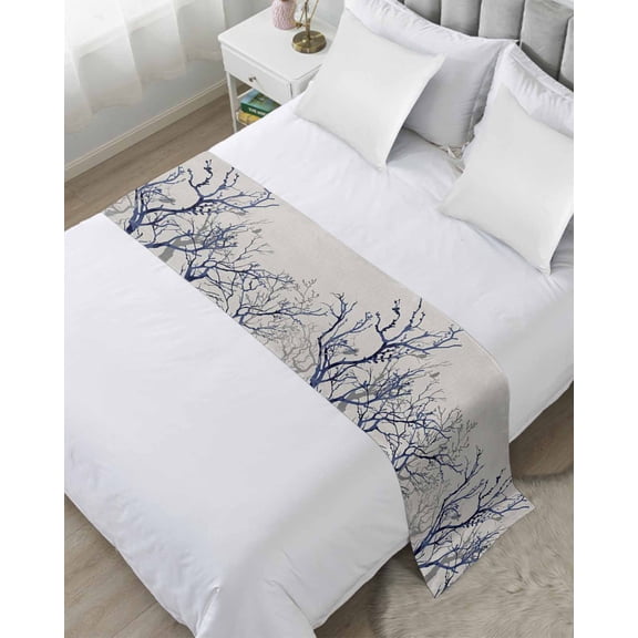 Bed Runner Scarf Queen Size, Grey Navy Blue Tree Stain Bed Runners & Scarves for Foot of Beds, Country Rustic Botanical Branch Decorative Bedding Runner Scarf for Hotel Home Bedroom 83 x20 Inch
