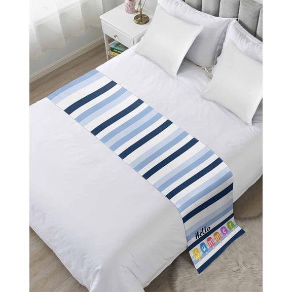 Bed Runner Scarf Queen Size, Hello Summer Stain Bed Runners & Scarves for Foot of Beds, Watercolor Blue Striped Colorful Ice Cream Decorative Bedding Runner Scarf for Hotel Home Bedroom