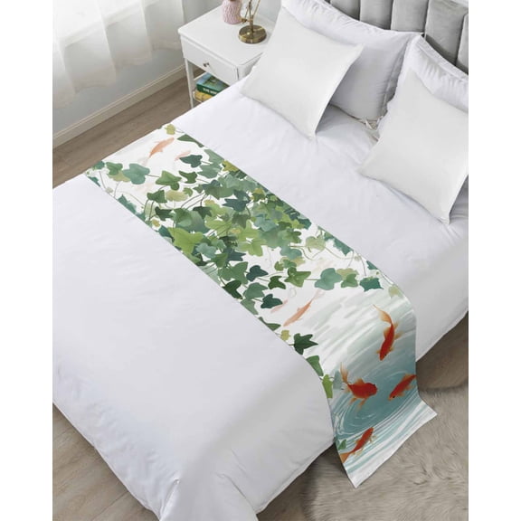 Bed Runner Scarf Queen Size, Japanese Carp Fish Stain Bed Runners & Scarves for Foot of Beds, Oriental Art Rustic Leaves Vines Koi Fish Decorative Bedding Runner Scarf for Hotel 83 x20 Inch