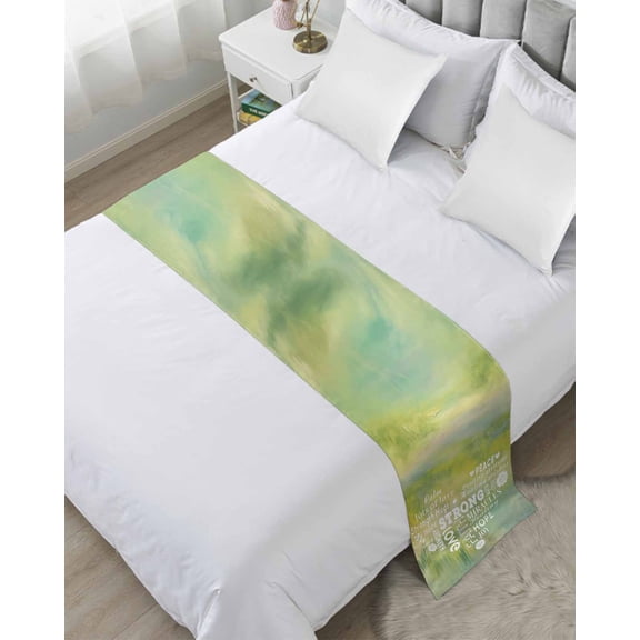Bed Runner Scarf Queen Size, Love Peace Text Stain Bed Runners & Scarves for Foot of Beds, Green Inspirational Quotes Sunflowers Decorative Bedding Runner Scarf for Hotel Home Bedroom