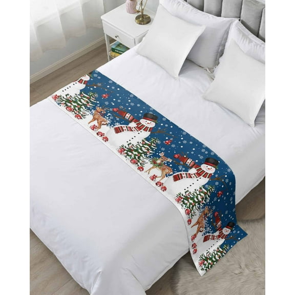 Bed Runner Scarf Queen Size, Navy Blue Christmas Stain Bed Runners & Scarves for Foot of Beds, Snowman Snowflake Xmas Tree Ball Elk Decorative Bedding Runner Scarf for Hotel Home Bedroom