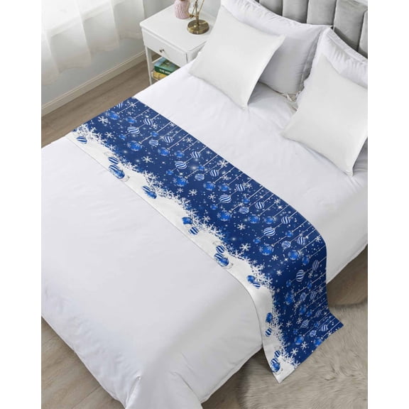 Bed Runner Scarf Queen Size, Navy Blue Christmas Stain Bed Runners & Scarves for Foot of Beds, Weeping Xmas Ball Snowflake Winter Decorative Bedding Runner Scarf for Hotel Home Bedroom