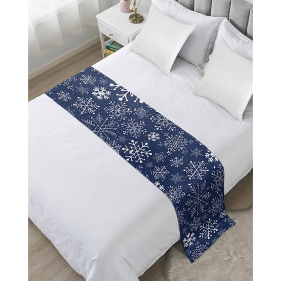 Bed Runner Scarf Queen Size, Navy Blue Snowflake Christmas Stain Bed Runners & Scarves for Foot of Beds, Xmas Snowflake Decorative Bedding Runner Scarf for Hotel Home Bedroom