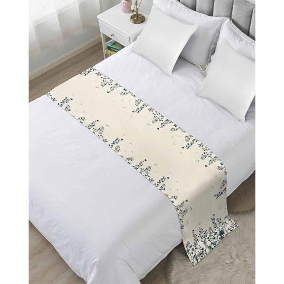 Bed Runner Scarf Queen Size, Navy Botanical Stain Bed Runners & Scarves for Foot of Beds, Blue Dragonfly Flower Leaf Retro Style Decorative Bedding Runner Scarf for Hotel Home Bedroom