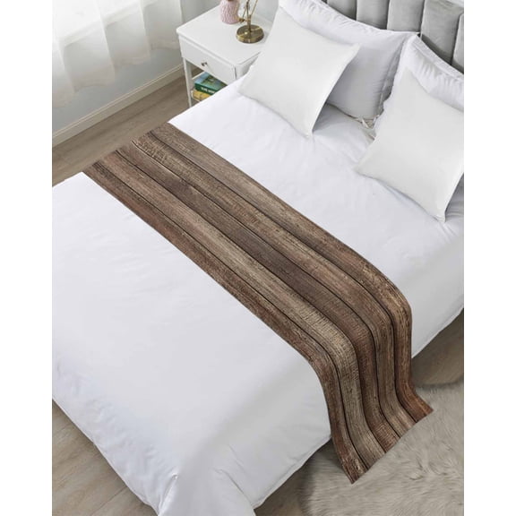 Bed Runner Scarf Queen Size, Old Wooden Board Stain Bed Runners & Scarves for Foot of Beds, Rustic Farmhouse Brown Wooden Plank Decorative Bedding Runner Scarf for Hotel Home Bedroom 83 x20 Inch