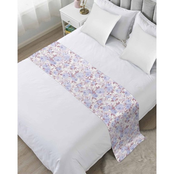 Bed Runner Scarf Queen Size, Purple Flowers Stain Bed Runners & Scarves for Foot of Beds, Romantic Botanical Floral Plants Leaves Decorative Bedding Runner Scarf for Hotel Home Bedroom
