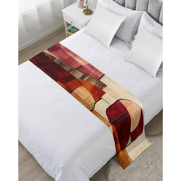 Bed Runner Scarf Queen Size, Red Boho Geometric Stain Bed Runners & Scarves for Foot of Beds, Modern Abstract Art Decorative Bedding Runner Scarf for Hotel Home Bedroom