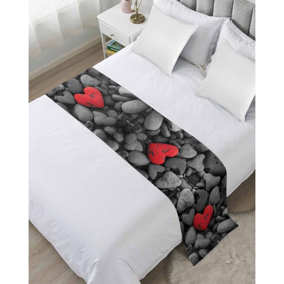 Bed Runner Scarf Queen Size, Red Love Heart Stone Stain Bed Runners & Scarves for Foot of Beds, Mondern Abstract Art Stones Decorative Bedding Runner Scarf for Hotel Home Bedroom 83 x20 Inch