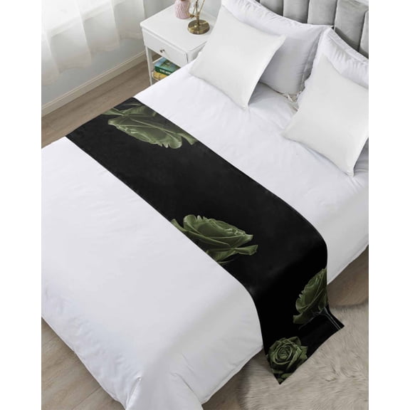 Bed Runner Scarf Queen Size, Sage Green Rose Stain Bed Runners & Scarves for Foot of Beds, Vintage Abstract Garden Flower Floral Black Decorative Bedding Runner Scarf for Hotel Home Bedroom