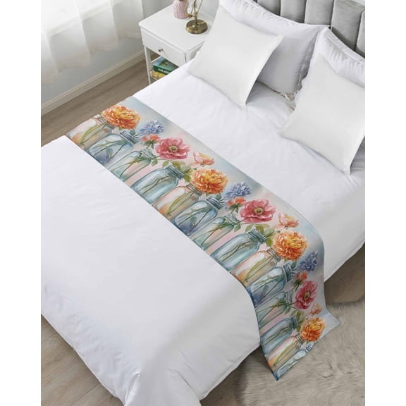 Bed Runner Scarf Queen Size, Spring Flowers Stain Bed Runners & Scarves for Foot of Beds, Spring Country Botanical Floral Decorative Bedding Runner Scarf for Hotel Home Bedroom