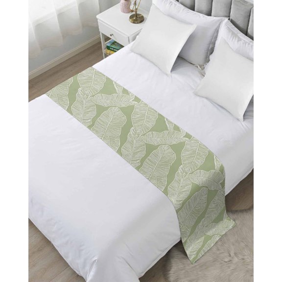 Bed Runner Scarf Queen Size, Summer Leaves Stain Bed Runners & Scarves for Foot of Beds, Watercolor Botanical Tropical Plants Decorative Bedding Runner Scarf for Hotel Home Bedroom